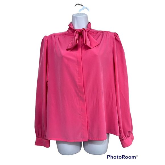 Vtg  80s Secretary Blouse Top Sz 8 Hot Pink Silky Neck Tie Ascot Bow High Neck - Picture 1 of 10